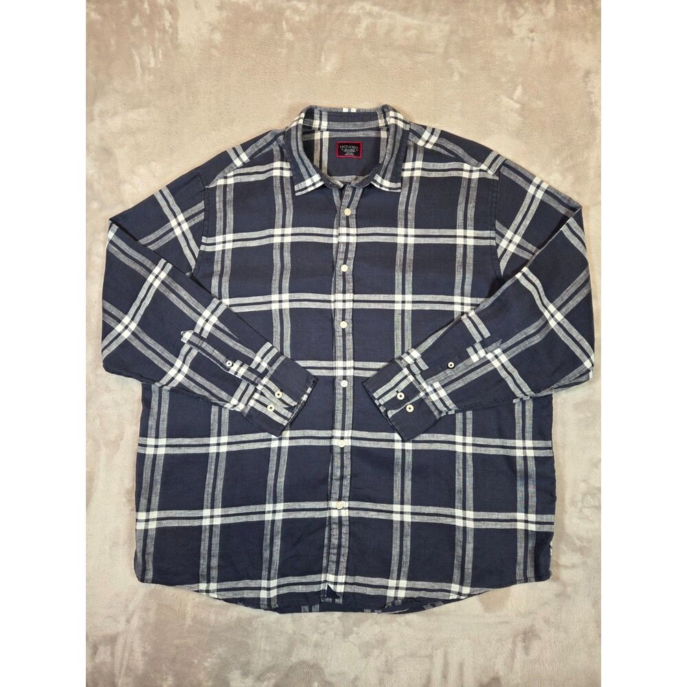 UNTUCKit Ovada Linen Shirt Men’s XXL Navy White Plaid Wrinkle Resistant